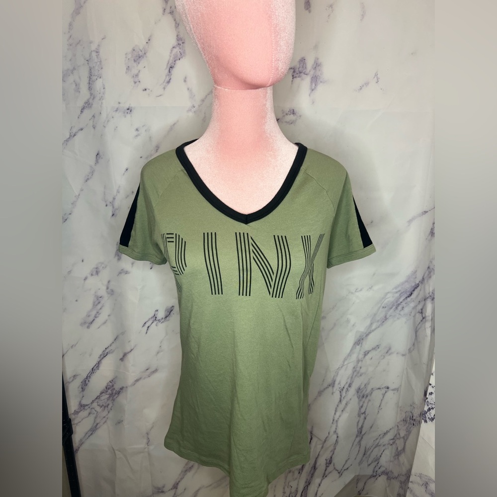 PINK Victoria's Secret Olive V-Neck Short Sleeve Shirt Sz XS